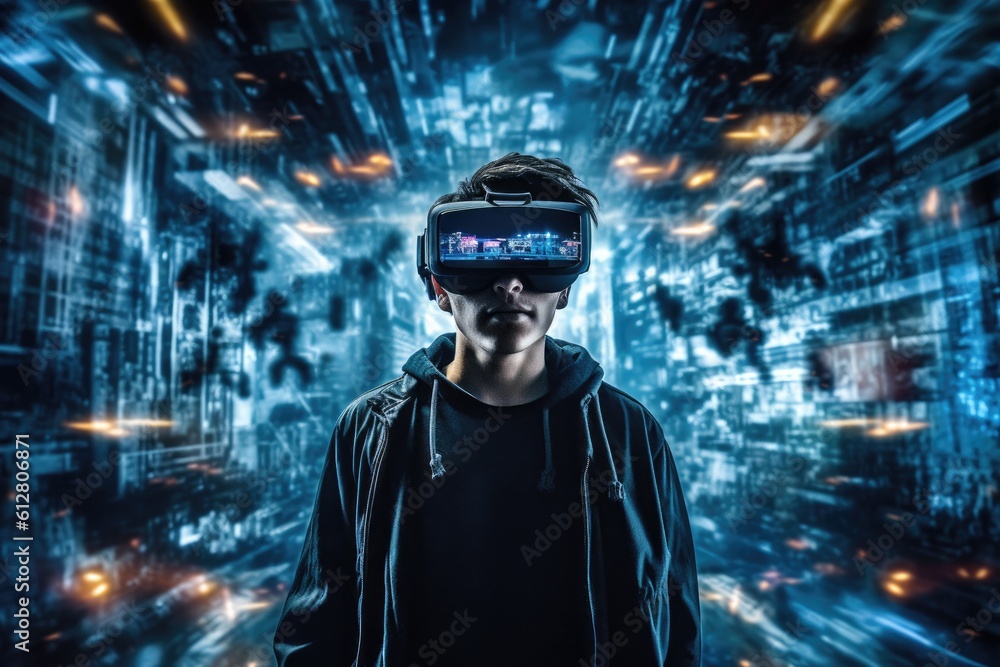 Poster a photo of a person experiencing a virtual reality( vr) simulation. generative ai