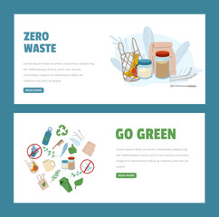 Set of website banner templates about zero waste and go green flat style