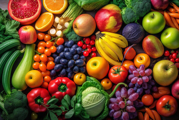 A variety of colourful fruits and vegetables on a table - AI Generated