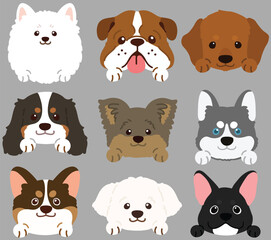 Obraz na płótnie Canvas Set of flat colored cute and simple dog heads with front paws