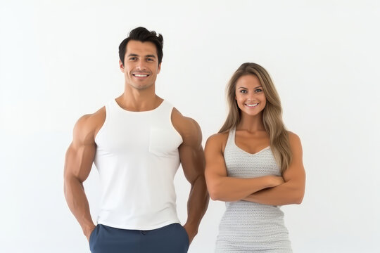 Portrait of male and female athlete standing on white background. Fit couple happy and relaxing after workout. Generative AI