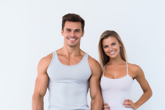 Portrait of male and female athlete standing on white background. Fit couple happy and relaxing after workout. Generative AI