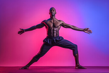 Fototapeta na wymiar Athletic man in dynamic pose, shirtless, purple and blue background, studio portrait. Generative AI