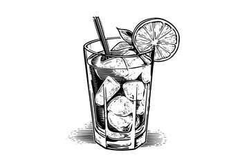 Alcoholic cocktail engraved isolated drink vector illustration. Black and white sketch composition.