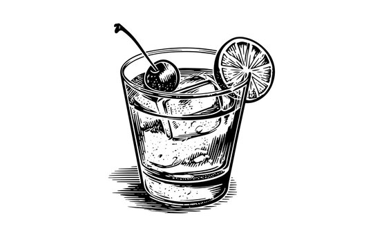 Old fashion cocktail engraved isolated drink vector illustration. Black and white sketch composition.