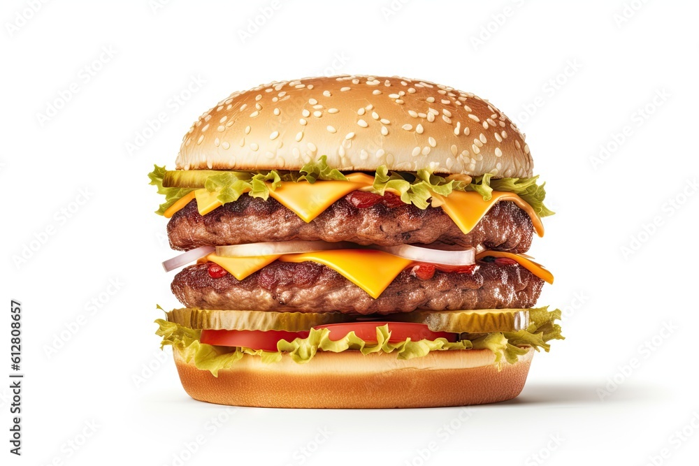 Wall mural Grilled Hamburger on White Background. Isolated Beef Burger Meal Fast Food