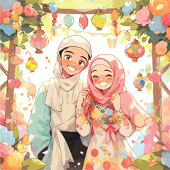 Obraz na płótnie Canvas Eid Bliss: Joyful Vector Art Celebrating Muslim Couple's Festive Season