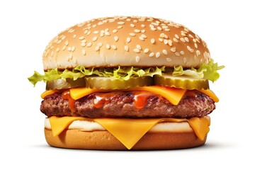 Grilled Hamburger on White Background. Isolated Beef Burger Meal Fast Food
