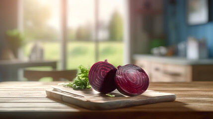beets on the wooden table in the kitchen, generative ai