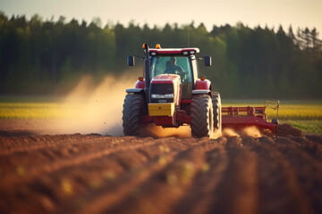 Fototapeta premium Farmer using tractor works on agricultural field. Generative AI