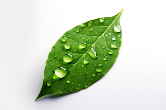 Top view of fresh green leaves, adorned with water droplets, isolated against a white background.