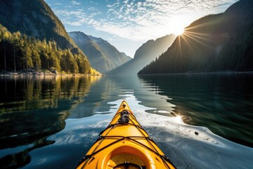 A photo of a kayaker paddling through a serene mountain lake. Generative AI
