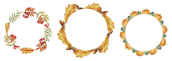 Autumn watercolor isolated set of wreaths with rowan, pumpkins, oak leaves and acorns on white background. Seasonal autumn elements. Thanksgiving, Halloween ill © Natalia