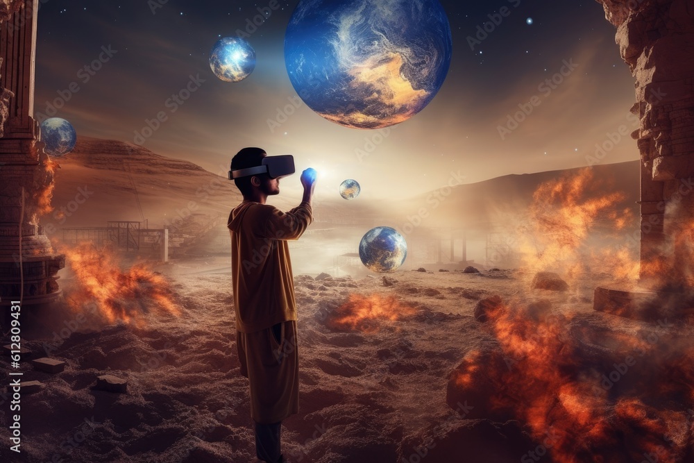 Poster a photo of a person experiencing a virtual reality( vr) simulation. generative ai