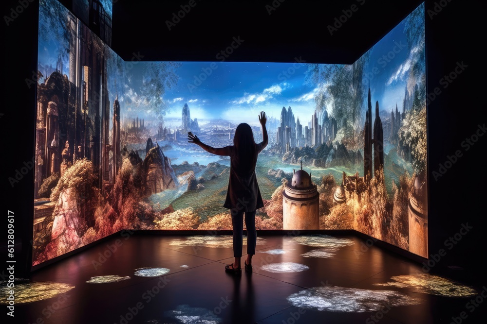 Poster a photo of a person experiencing a virtual reality( vr) simulation. generative ai