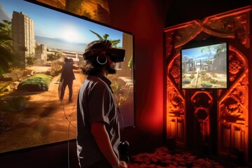 Fototapeta na wymiar A photo of a person experiencing a virtual reality( VR) simulation. Generative AI