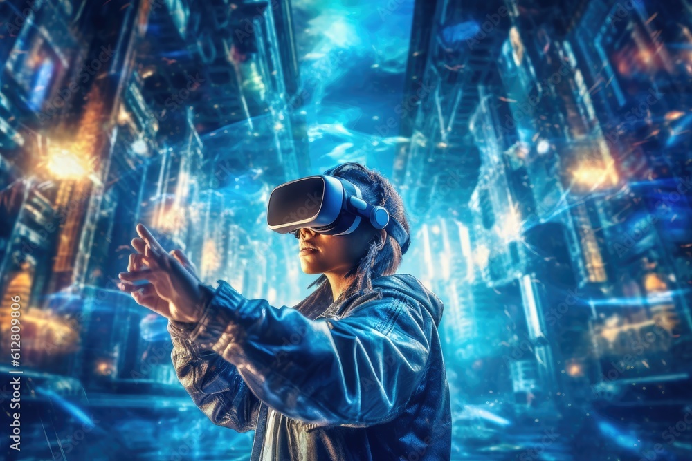 Aufkleber a photo of a person experiencing a virtual reality( vr) simulation. generative ai