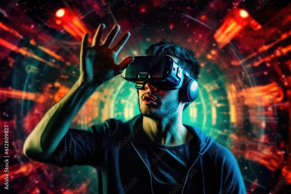 Poster a photo of a person experiencing a virtual reality( vr) simulation. generative ai