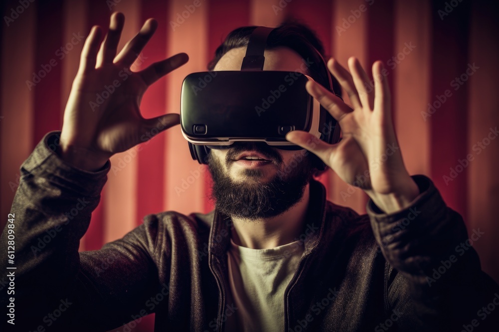Poster a photo of a person experiencing a virtual reality( vr) simulation. generative ai
