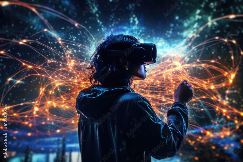 Poster a photo of a person experiencing a virtual reality( vr) simulation. generative ai