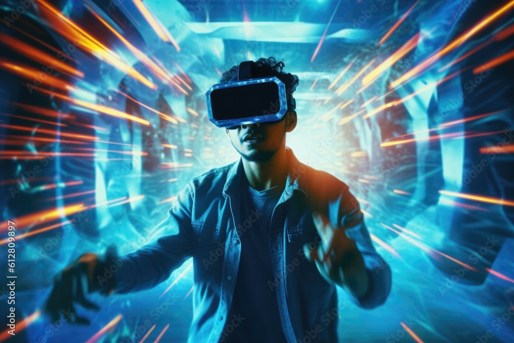 Poster a photo of a person experiencing a virtual reality( vr) simulation. generative ai