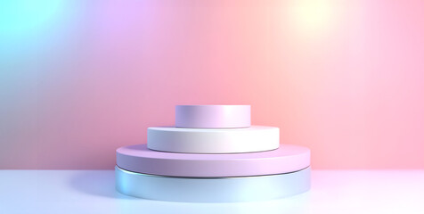 Abstract minimal concept. Pastel colourful glossy holographic glowing light round podium on background. Mock up template for product presentation. 3D rendering. copy text space	
