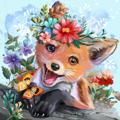 Little red fox cub with a wreath of flowers on its head and a butterfly - 612810448