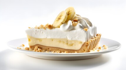 Banana cheesecake topped with whipped cream and sliced bananas, isolated on white background with copy space. - obrazy, fototapety, plakaty