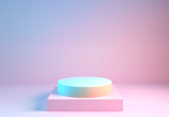 Abstract minimal concept. Pastel colourful glossy holographic glowing light round podium on background. Mock up template for product presentation. 3D rendering. copy text space	
