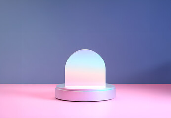 Abstract minimal concept. Pastel colourful glossy holographic glowing light round podium on background. Mock up template for product presentation. 3D rendering. copy text space	
