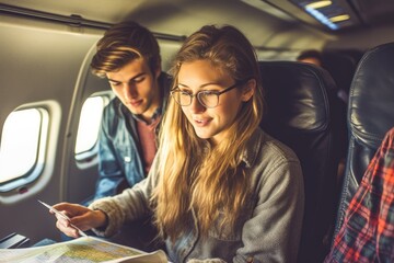 Fototapeta premium A photo of a woman on an airplane, holding a map and planning her itinerary for the vacation. Generative AI