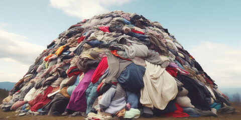waste pile large pollution heap fashion industry trash in nature landscape garbage stack of cloth industrial pollution awareness global pollution background. generative ai illustration - obrazy, fototapety, plakaty