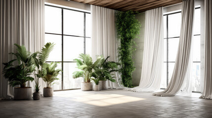 Fototapeta na wymiar modern apartment interior in light colors, natural materials, eco concept, cozy with many house plants,copy space, mockup, AI generated
