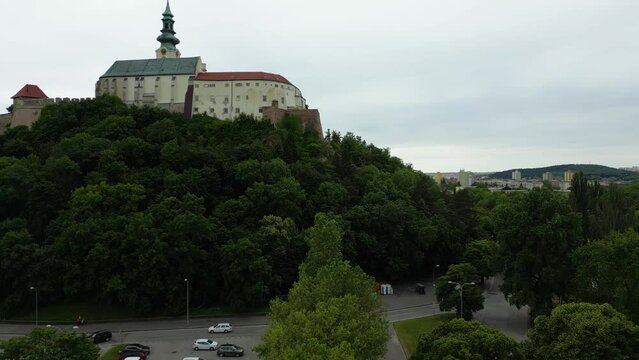 Aerial footage of Nitra Castle on top of a hill in Nitra, Slovakia, 4k