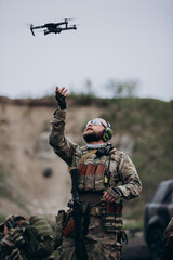 Ukrainian soldier using a drone for air intelligence
