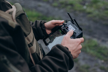 Closeup of Ukrainian drone operator at work