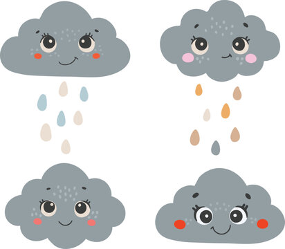 Cute clouds set cartoon character, Happy clouds vector, Summer clouds with eyes, clouds isolated vector, cute baby illustration