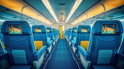 Interior of empty modern aircraft with blue flight seats and hallway in daytime during flight. Generative AI