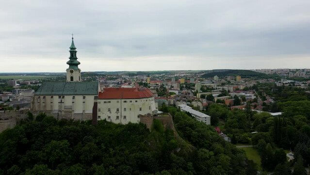 Medieval Nitra Castle on top of the hill, view of the city of Nitra, Slovakia 4k