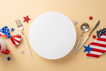 Get ready for USA Independence Day celebration! Top view of table set with cutlery, cup, stars, necktie, bow-tie in national flag colors on beige backdrop with space for text or advert inside a circle
