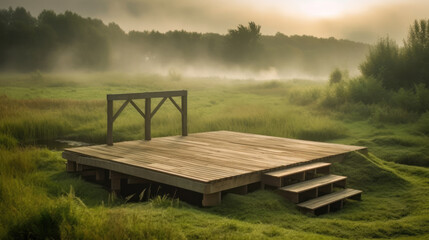 wooden stage in a meadow with fog