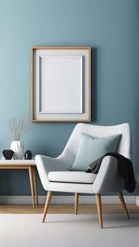 Blank picture frame mockup on blue wall. Modern living room design. Instagram Story, generative AI