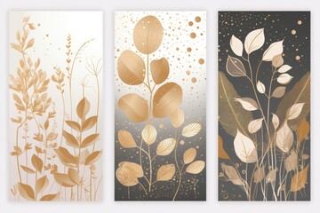a set of three gold and white wall hangings, generative AI