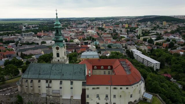 Drone is flying over Nitra Castle, cityscape view of Nitra, travel Slovakia, 4k