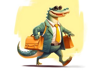 Walking to school is a crocodile with a yellow satchel and dark sunglasses. Generative AI - obrazy, fototapety, plakaty