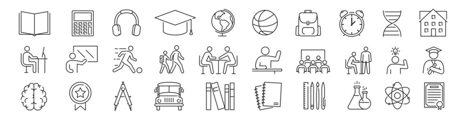 Back to school linear icons set. Education linear symbols.