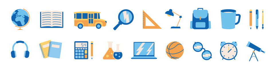 School supplies. icon set. Back to school icon set. Flat style.