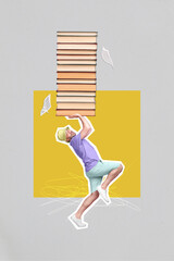 Vertical creative collage image of funny young man hold carry heavy pile books reading novels...
