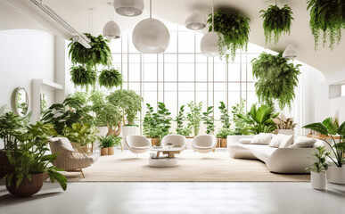 modern apartment interior in light colors, natural materials, eco concept, cozy with many house plants,copy space, mockup, AI generated