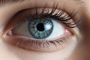 Black lashes framing a close-up shot of blue female eye. Generative AI.